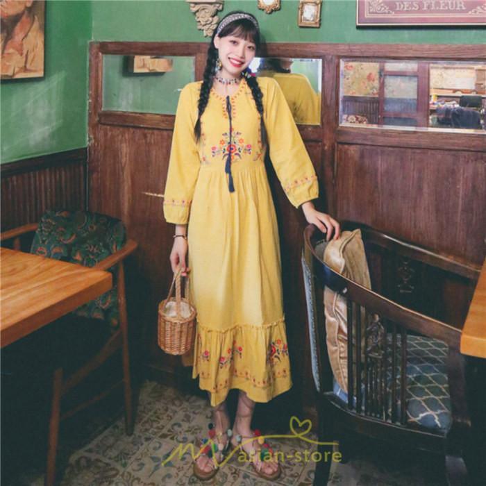 マキシ | ロングワンピース 長袖 花柄 フレア エスニック風 民族風 レトロ調 刺繍 綿麻 リゾート 旅行 レジャー お出かけ 外出 華奢魅せ 着痩せ 女子会 Vネック 同窓会