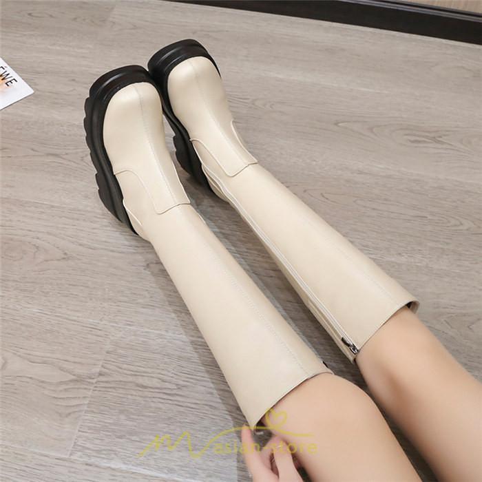 ロングブーツ | レディース ブーツ 厚底 歩きやすい 痛くない 定番 カジュアル 人気ブーツ ファスナー 黒 ブラック シンプル 美脚 おしゃれ 白 オフホワイト