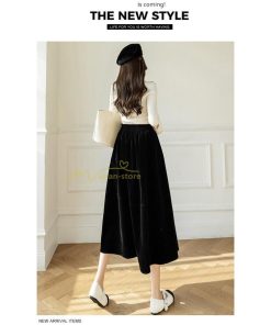 スカート | ロングミモレ丈 Aラインフレアビロードウエストゴム ハイウエスト 秋冬 無地 ゆったり 大人 通学通勤 エレガント