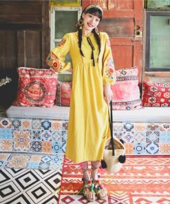 マキシ | ワンピース 夏秋 長袖 レディース ワンピ ロング 美シルエット ロングワンピ―ス 大人 花柄 刺繍 エスニック風 リゾート 綿麻 お出かけ リネン コットン 旅行