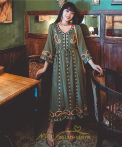 マキシ | 七分袖ワンピース Vネック ロング丈ワンピース エスニック ボヘミアン レディース 夏秋 綿麻 きれいめ フォーマル キレイめ 上品 ゆったり 大人 体型カバー