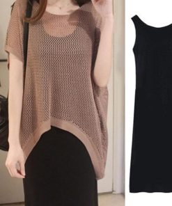 セットアップ | キャミソワンピース トップス レディース ニット キャミソールワンピース 着痩せ 2点セット 体型カバー 可愛い 春夏 黒 通学通勤 無地 2色