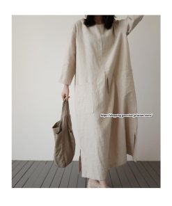 マキシ | ワンピース 長袖 九分丈 綿麻ワンピース ロングワンピース ミモレ丈 無地 ビッグポケット 夏秋物 無地 30代50代 ゆったり 大人 マタニティ ゆるシルエット