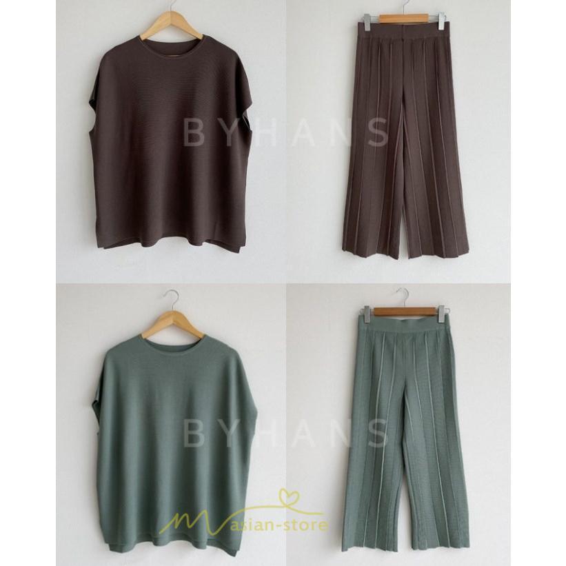 送料無料SALE | セットアップ ニット トップス パンツ ストレッチ 涼感 夏ニット 半袖 九分丈 ウエストゴム レディース 2点セット ゆったり Vネック 無地 30代40代 上品