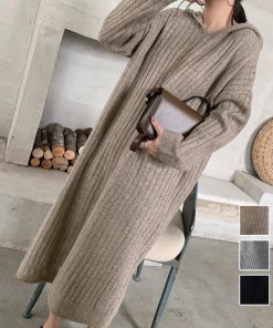 ワンピース | ニットレディース カジュアル ゆったり ロング長袖 リブニット 秋冬 フード付き