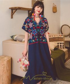 マキシ | ワンピース レディース リゾートワンピ かわいい 半袖 Ｖネック 刺繍 上品 Aライン ロング丈 ロング丈ワンピ エスニック風 結婚式 ファッション 二次会 卒業式