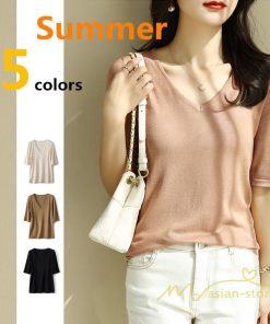 ｔシャツ・カットソー | サマーニット レディース Vネック トップス ニット 半袖 春服 春物 ニットチュニック 無地 きれいめ 春夏 黒 リブ 夏ニット 白 5分袖 涼し気