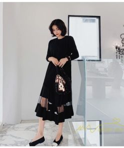 マキシ | 黒ワンピース 長袖ワンピース 秋物 レディース 切り替えワンピース ゆったり 大きいサイズ 裾チュール 30代40代 大人 20代50代 かわいい 通学通勤 ワンピース