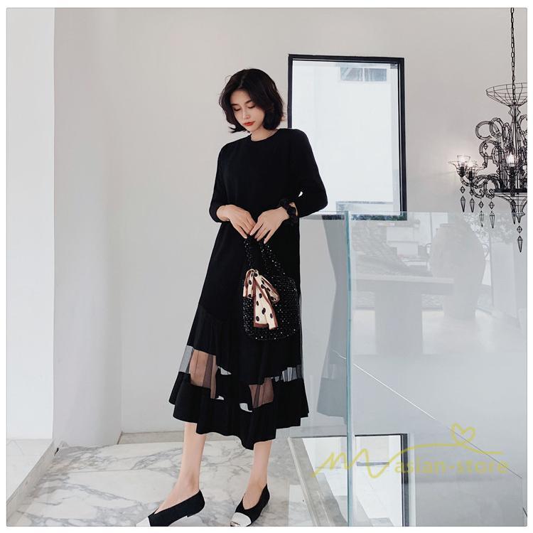 マキシ | 黒ワンピース 長袖ワンピース 秋物 レディース 切り替えワンピース ゆったり 大きいサイズ 裾チュール 30代40代 大人 20代50代 かわいい 通学通勤 ワンピース