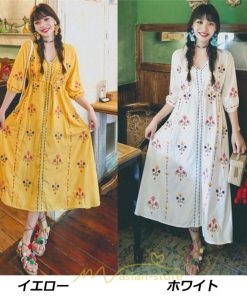 マキシ | ロング丈ワンピース レディース 花柄 Aライン 七分袖 ロング丈 ゆるシンプル きれいめ Vネック カジュアル 細見え 白 リゾート 黄色 上品 華やか 旅行
