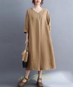 送料無料SALE | 夏ワンピース 五分袖 麻ワンピース Aラインワンピース 大きめ ゆったり 無地 Vネック ミモレ丈 ロングワンピース 女っぽい 通学通勤 30代40代 可愛い 大人