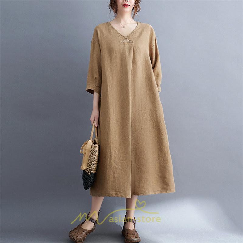 送料無料SALE | 夏ワンピース 五分袖 麻ワンピース Aラインワンピース 大きめ ゆったり 無地 Vネック ミモレ丈 ロングワンピース 女っぽい 通学通勤 30代40代 可愛い 大人