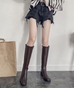 ニーハイブーツ | レディース スクエアトゥ レザー調 春秋冬 ロング丈 美脚 ローヒール 合皮 大人