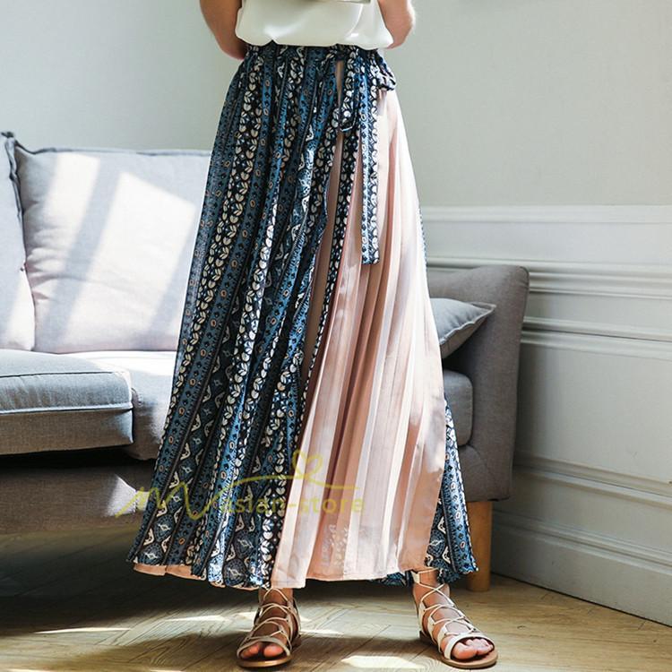 スカート | マキシロング ワイド フレア ゆったり バイカラー 春 夏 秋 冬 レディース 体系カバー Aライン プリーツシフォン 20代30代40代50代