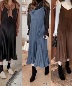 ロングスカート | ロングワンピース シンプル 無地 重ね着 フェミニン フレアキャミワンピ 着やせ レディース キャミソールワンピース プリーツ