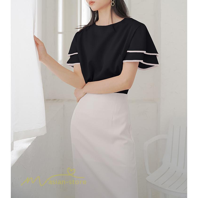 tシャツ・カットソー | トップス Tシャツ レディース 半袖 クルーネック ゆったり おしゃれ ブラウス 着痩せ 春 夏 秋 新作 L M 可愛い スカラップ袖 カジュアルTシャツ 無地