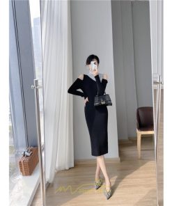 ニットワンピース | ワンピース 秋 秋服 レディース ニット ロングワンピース ロング 長袖 肩出し 秋冬 バイカラー 送料無料 セクシー お出かけ 暖か フェミニン デート