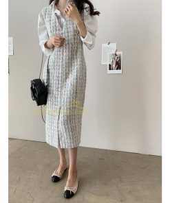 マキシ | ワンピース ノースリーブ Vネック ミモレ丈 ツイードワンピース スリット キラキラ 美ライン 女シルエット エレガント 秋物 レディース 秋冬 フェミニン