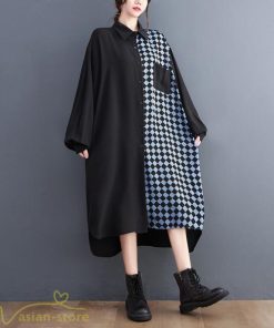 シャツワンピース | ワンピース 長袖 秋 新作 チェック柄 ゆったり 切り替え フリーサイズ ウエストリボン 体型カバー シンプル 大人 バルーンスリーブ 前開き
