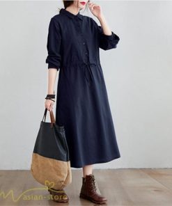 ワンピース | 長袖綿麻Aラインレディース ロングミモレ丈 無地 シャツカワイイ 大人 ワンピ