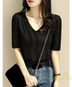ｔシャツ・カットソー | サマーニット レディース Vネック トップス ニット 半袖 春服 春物 ニットチュニック 無地 きれいめ 春夏 黒 リブ 夏ニット 白 5分袖 涼し気