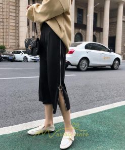 スカート | レディース タイト膝丈ストレッチ ジップアップ ボトムス ファスナー ブラック 無地 シンプル 伸縮性ある生地 膝下丈