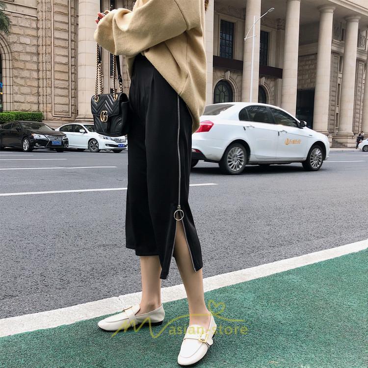 スカート | レディース タイト膝丈ストレッチ ジップアップ ボトムス ファスナー ブラック 無地 シンプル 伸縮性ある生地 膝下丈