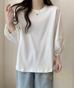 tシャツ・カットソー | 7分袖Tシャツ レディース Tシャツ 夏服 秋物 夏秋物 トップス 夏秋服 パフスリーブ ゆったり 無地 丸首 秋コーデ 春夏秋 可愛い 20代30代 40代50代 夏コーデ