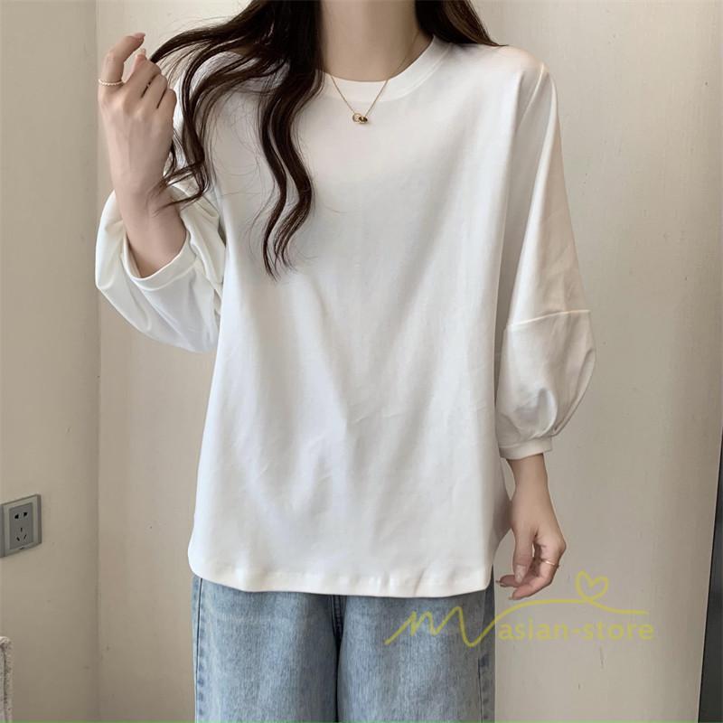 tシャツ・カットソー | 7分袖Tシャツ レディース Tシャツ 夏服 秋物 夏秋物 トップス 夏秋服 パフスリーブ ゆったり 無地 丸首 秋コーデ 春夏秋 可愛い 20代30代 40代50代 夏コーデ