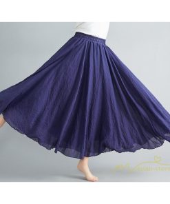 スカート | ロング綿麻フレアウエストゴム ハイウエスト 85cm ネイビー イエロー 無地 夏物 可愛い 春服