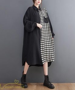 シャツワンピース | ワンピース 長袖 秋 新作 チェック柄 ゆったり 切り替え フリーサイズ ウエストリボン 体型カバー シンプル 大人 バルーンスリーブ 前開き