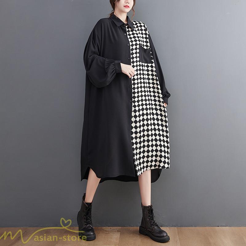 シャツワンピース | ワンピース 長袖 秋 新作 チェック柄 ゆったり 切り替え フリーサイズ ウエストリボン 体型カバー シンプル 大人 バルーンスリーブ 前開き