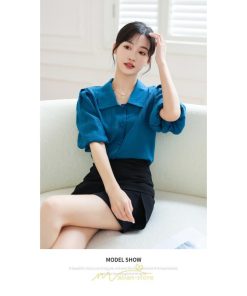 シャツ・ブラウス | ブラウス レディース オフィス シャツ 青 フォーマル 半袖 おしゃれ カジュアル フェミニン 開襟 着痩せ フランス風 お仕事 クラシック ビジネス 通勤 OL