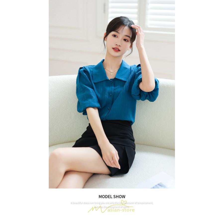 シャツ・ブラウス | ブラウス レディース オフィス シャツ 青 フォーマル 半袖 おしゃれ カジュアル フェミニン 開襟 着痩せ フランス風 お仕事 クラシック ビジネス 通勤 OL