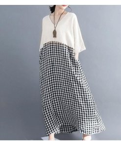在庫ある | 短納期ロングリネンAラインワンピース ゆったりチェックワンピース 切り替えドッキングワンピ レディース 薄手 春夏衣装 通学通勤 オフィス カジュアル 海