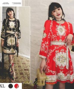 ミニ丈 | ワンピース 長袖 膝上 ひざ上 夏 秋 きれいめ レディース 大人 カジュアル かわいい 上品 リゾート お出かけ ワンピ 小柄 赤 黒 花柄 低身長 二色展開