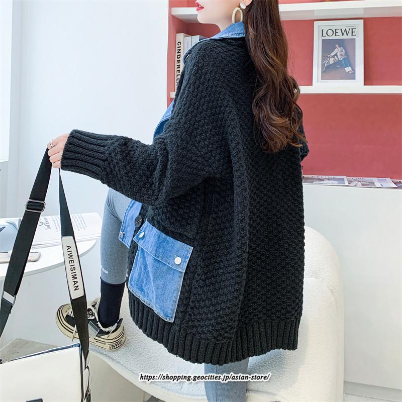 コート・ジャケット | ジャケット レディース 長袖 トップス ニット ニットカーディガン 切り替え デニム アウター 配色 デザイン おしゃれ 冬 カジュアル 2022 秋 カーディガン
