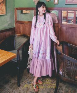 マキシ | ロングワンピース レディース  夏 秋 リゾート ルームワンピース 長袖 ゆったり ロング丈 旅行用 バブルスリーブ かわいい 後ボタン付き レトロ風 丸首