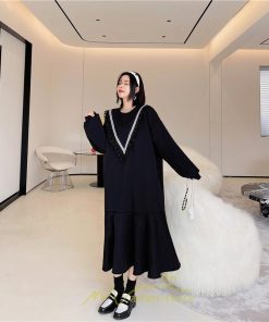 マキシ | スウェットワンピース 秋冬 レディース ロングワンピース ロングスウェット 裾切り替え 長袖ワンピース 30代60代 ゆったり 大人40代 黒ワンピース 大きいサイズ
