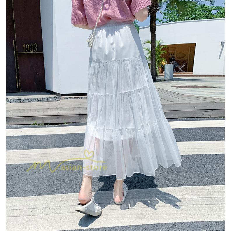 スカート | レディース チュール春夏 コーデ ウエストゴム ロングフレア着痩せ 通勤 カジュアル ドッキング プリーツ通学