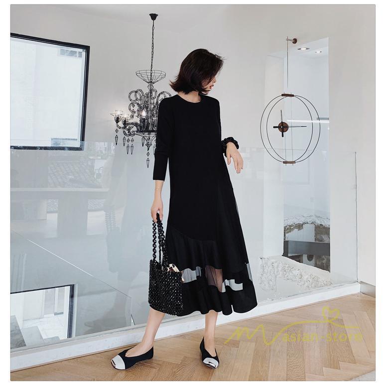 マキシ | 黒ワンピース 長袖ワンピース 秋物 レディース 切り替えワンピース ゆったり 大きいサイズ 裾チュール 30代40代 大人 20代50代 かわいい 通学通勤 ワンピース