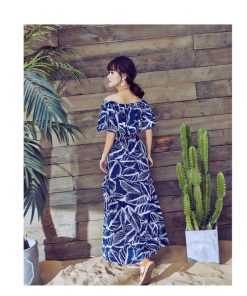 在庫ある | 短納期シフォンロングワンピース フレアビーチワンピ スリットセクシーワンピース ボヘミアワンピ ボートネック 半袖 海 エレガント 着痩せ Aライン フェミニン