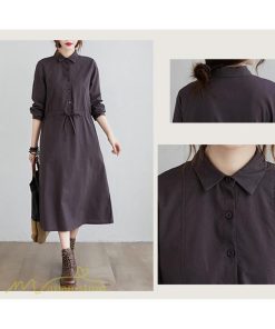 ワンピース | 長袖綿麻Aラインレディース ロングミモレ丈 無地 シャツカワイイ 大人 ワンピ