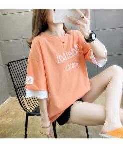 ｔシャツ・カットソー | ワイドTシャツ レディース ロング丈 5分袖 刺繍 韓国風 重ね着風 丸首 Tシャツ トップス 着痩せ 細身 カジュアル 人気 日常 上品 2021 アウトドア 夏新作 薄手