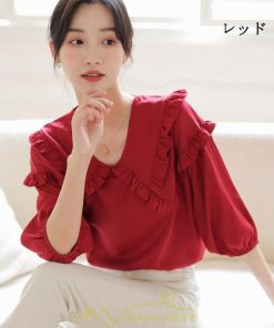 シャツ・ブラウス | トップス ブラウス 七分袖 シャツ きれいめ レディース 夏 白 赤 クルーネック フリル 春夏コーデ オフィス お仕事 通勤 就活 お出かけ ビジネス カジュアル