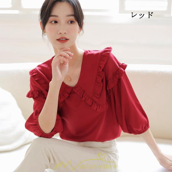 シャツ・ブラウス | トップス ブラウス 七分袖 シャツ きれいめ レディース 夏 白 赤 クルーネック フリル 春夏コーデ オフィス お仕事 通勤 就活 お出かけ ビジネス カジュアル