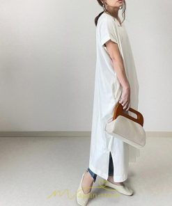 マキシ | 夏ワンピース 半袖ワンピース ロングワンピース 半袖 夏服 レディース 無地 サイドスリット Vネック 大きい ゆったり 白 黒 50代 30代40代 ポケット 可愛い