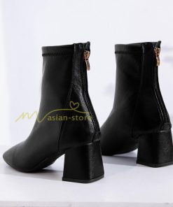 ショートブーツ | ブーティー ブーツ レディース シューズ 靴 太ヒール チャンキーヒール 合皮ブーツ PUブーツ くつ 黒靴 春秋冬 後ろファスナー 大人 美脚