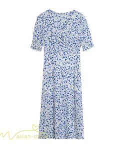 ミディアム | ワンピース サマーワンピース レディース 着痩せ Vネック スカイブルー 花柄 裾口スリット 膝丈 きれいめ おしゃれ 上品 半袖 お出かけ フレア 大人 薄手