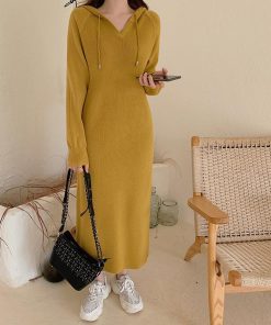 ニットワンピース | ワンピース 秋冬 リブニット ロングワンピース ミモレ丈 無地 フード付き 帽子 ストレッチ 大人 長袖 セーター 50代 20代30代 アウター 大人